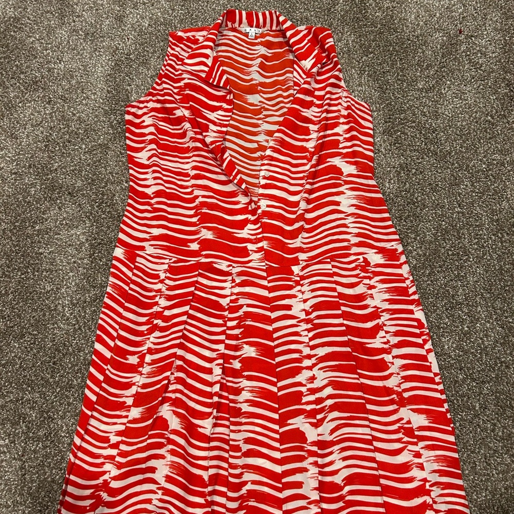 CAbi Red and White Wave Pattern Midi Dress